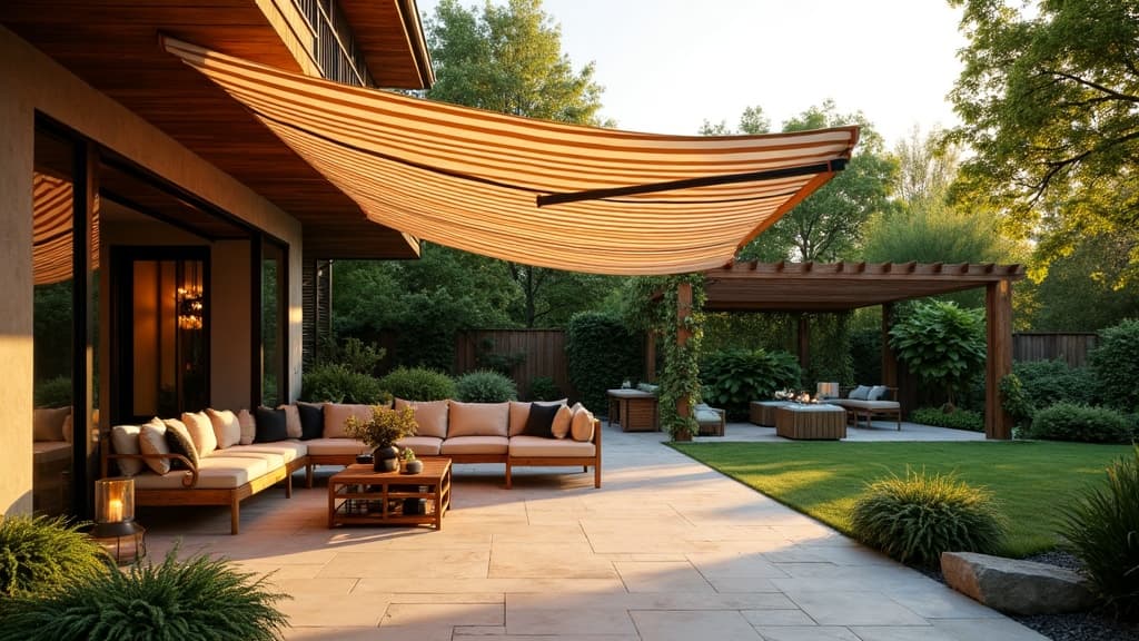 A beautiful backyard with an elegant fabric awning and timber pergola at golden hour