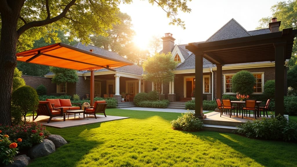 A backyard featuring awnings, a pergola and a patio cover together
